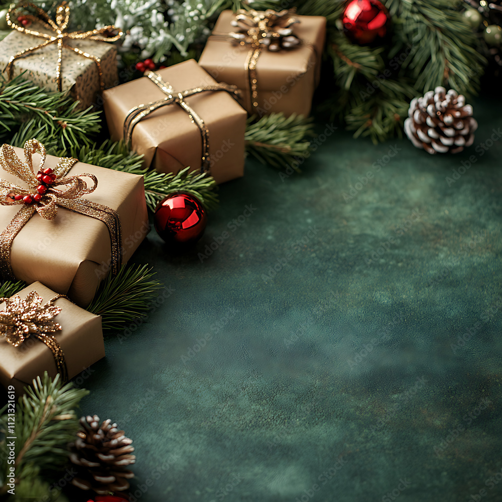 Festive Close-Up of Beautifully Wrapped Holiday Gifts Surrounded by Pine Branches, Ornaments, and Natural Decorations for a Joyful Seasonal Atmosphere Festive Close-Up of Beautifully Wrapped Holiday Gifts Surrounded by Pine Branches, Ornaments, and Natural Decorations for a Joyful Seasonal Atmosphere