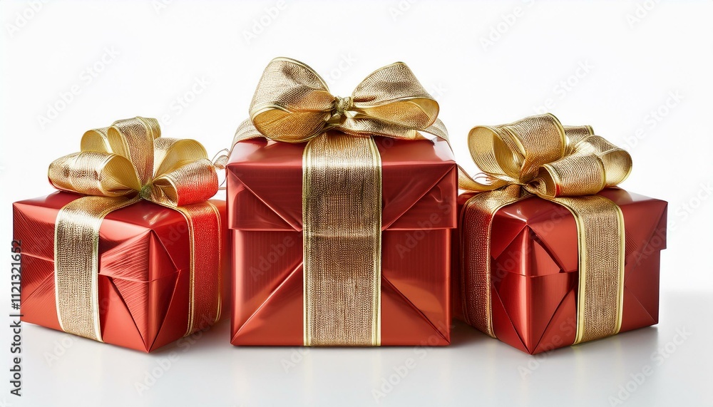 Fototapeta premium Christmas presents in red and gold wrapping, neatly arranged in a row, isolated on a white background, highlighting their festive charm