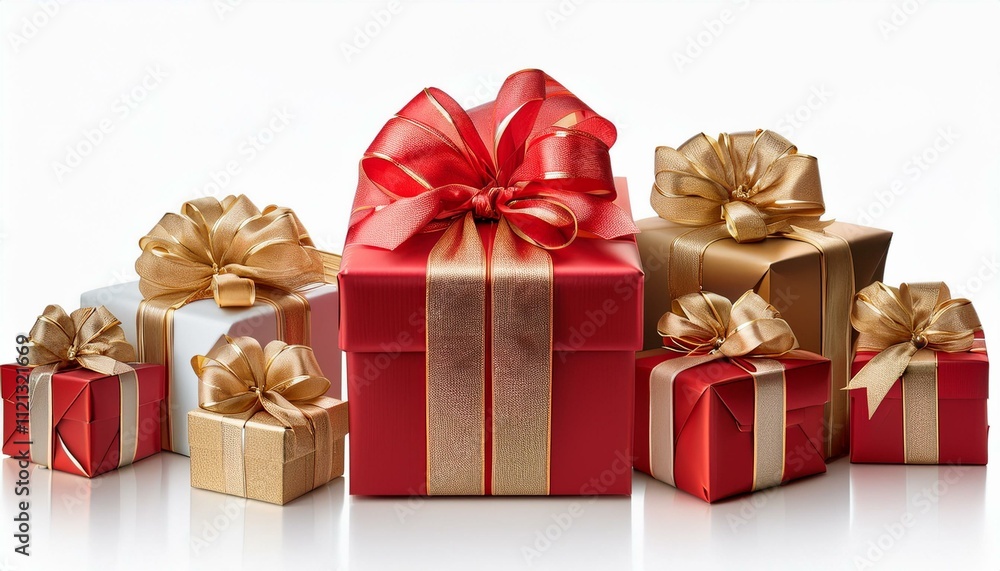 Christmas presents in red and gold wrapping, neatly arranged in a row, isolated on a white background, highlighting their festive charm Christmas presents in red and gold wrapping, neatly arranged in a row, isolated on a white background, highlighting their festive charm