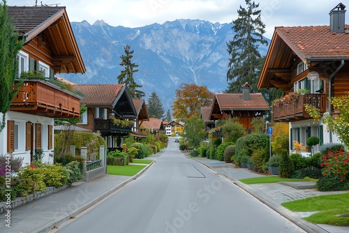 Picturesque mountain village street with traditional houses.