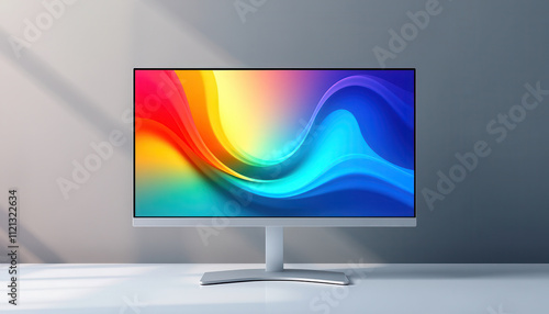 Frameless LED TV IPS monitor with wide flat screen and vibrant wallpaper, isolated on white background