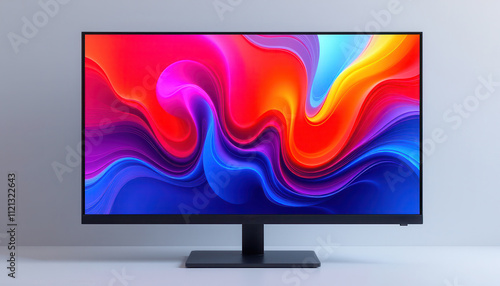 Frameless LED TV IPS monitor with wide flat screen and vibrant wallpaper, isolated on white background
