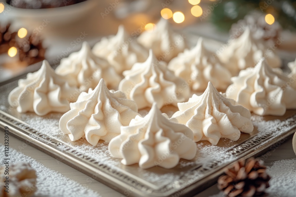 Fototapeta premium Delicious meringues sprinkled with icing sugar resting on metal tray during christmas celebration