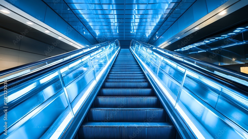 A view looking up an escalator in a blue-lit modern building. A view looking up an escalator in a blue-lit modern building.