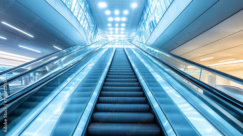 A view looking up two escalators in a modern building with a glass ceiling. A view looking up two escalators in a modern building with a glass ceiling.