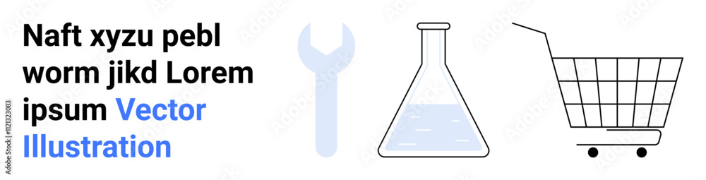 Shopping cart, laboratory flask with liquid, and gray wrench. Placeholder text aligns on the left. Ideal for ecommerce, science, engineering, education, technology, marketing, and advertising. Banner Shopping cart, laboratory flask with liquid, and gray wrench. Placeholder text aligns on the left. Ideal for ecommerce, science, engineering, education, technology, marketing, and advertising. Banner