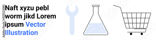 Shopping cart, laboratory flask with liquid, and gray wrench. Placeholder text aligns on the left. Ideal for ecommerce, science, engineering, education, technology, marketing, and advertising. Banner