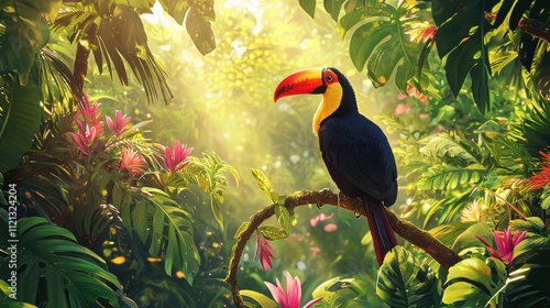 Colorful toucan perched amidst tropical flowers lush jungle nature photography vibrant setting