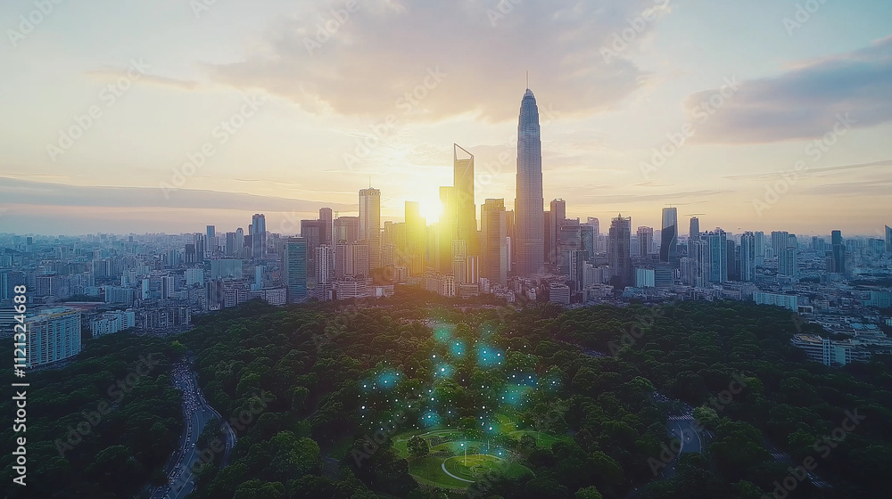 Fototapeta premium Sunrise Over the City Skyline 