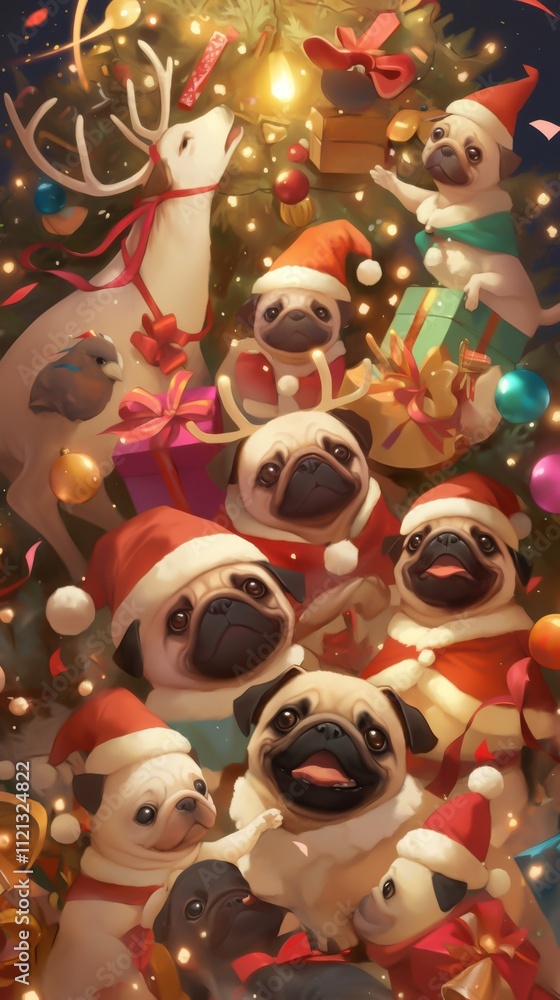 Playful pug puppies dressed as reindeer and Santa, surrounded by Christmas lights and wrapped gifts, cute and adorable phone wallpaper Playful pug puppies dressed as reindeer and Santa, surrounded by Christmas lights and wrapped gifts, cute and adorable phone wallpaper