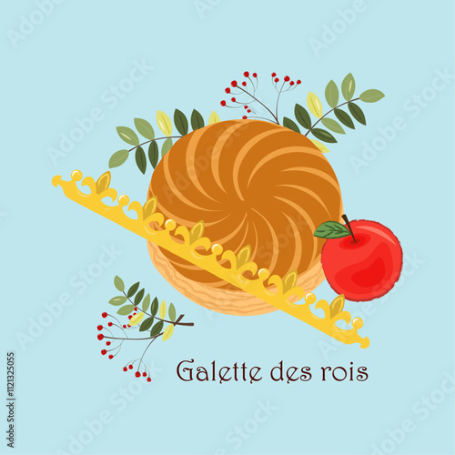 Minimalist illustration of a traditional Galette des Rois with a golden crown, symbolizing the French Epiphany celebration. Perfect for festive designs, cultural events, and holiday-themed visuals