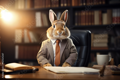 Rabbit in a suit sitting at a desk, holding a pen, blurred bookshelf background, soft lighting