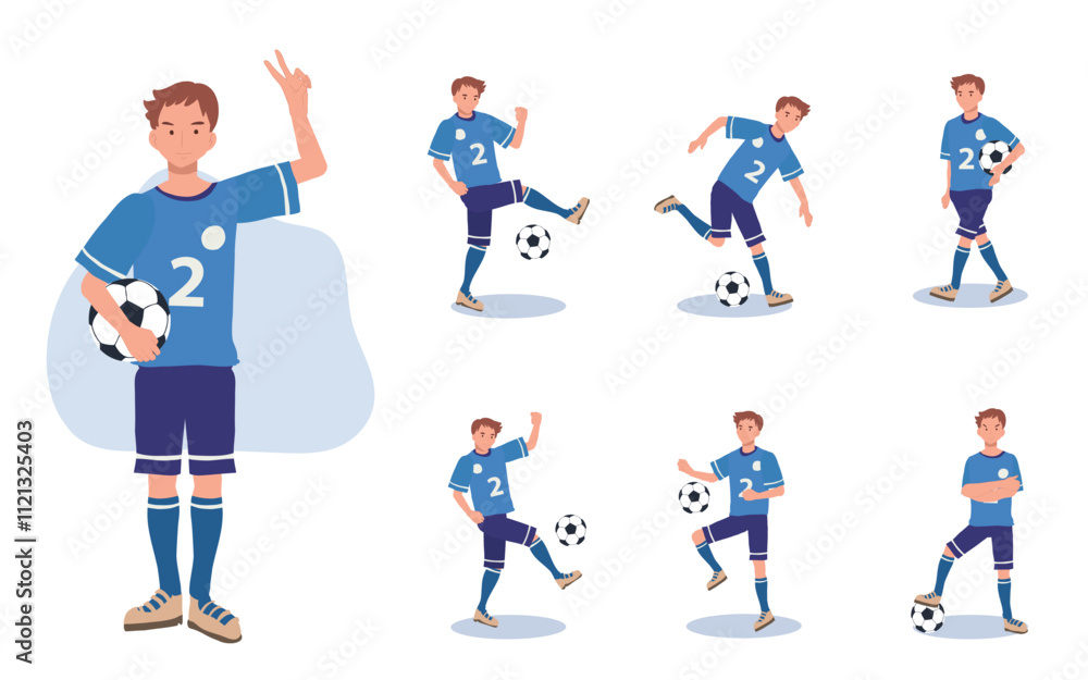 Soccer player vector set in flat style. Depicts athletes in uniform performing actions like kicking, passing, and defending. Soccer player vector set in flat style. Depicts athletes in uniform performing actions like kicking, passing, and defending.