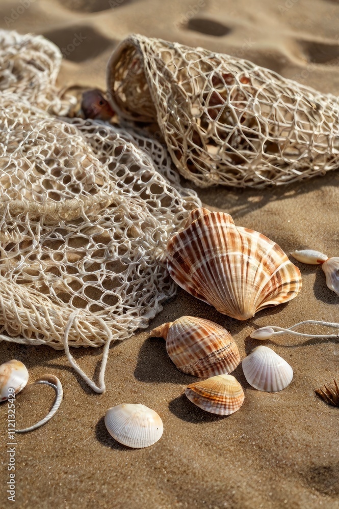 Beach clothing with seashells and fishing net on sand Beach clothing with seashells and fishing net on sand