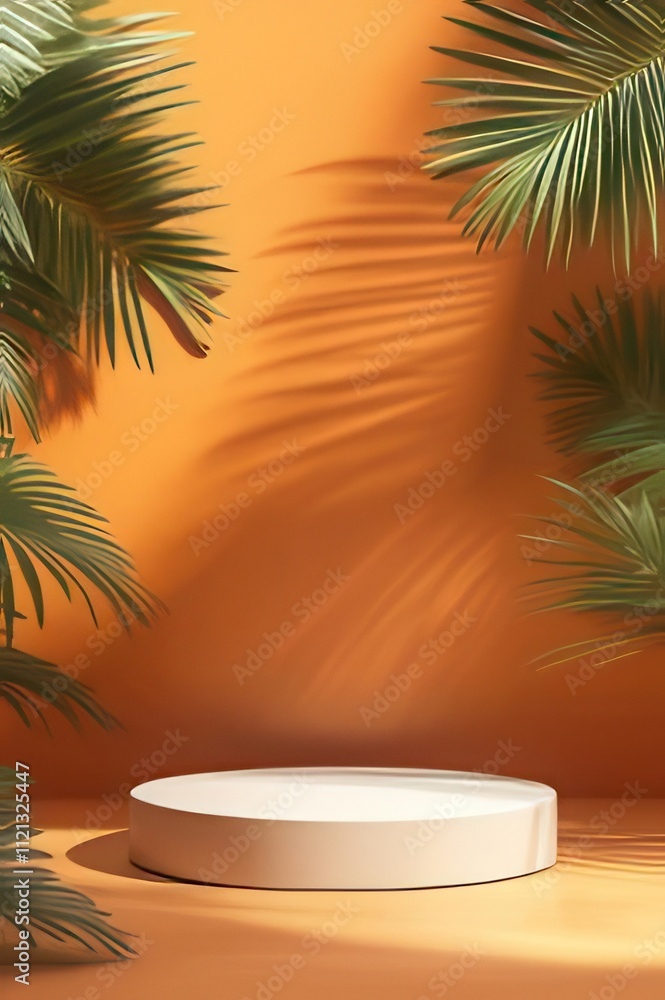 White round podium with palm leaves and shadows on orange background. White round podium with palm leaves and shadows on orange background.