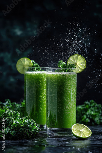 Vibrant Green Smoothie with Kale and Lime Accents on Dark Background photo