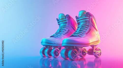 Roller skates in vibrant neon light on blue and pink gradient background photo