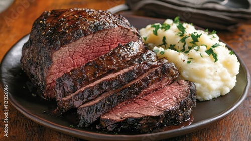 Juicy roast beef with a dark sear, sliced thinly and served with a side of mashed potatoes