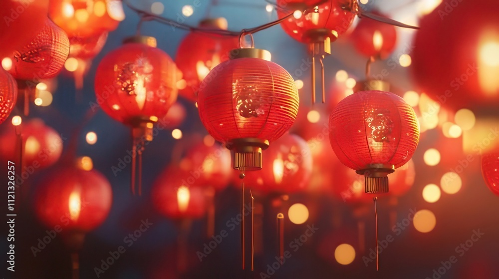 Illuminated red lanterns hanging outdoors at night, creating a festive atmosphere. Illuminated red lanterns hanging outdoors at night, creating a festive atmosphere.