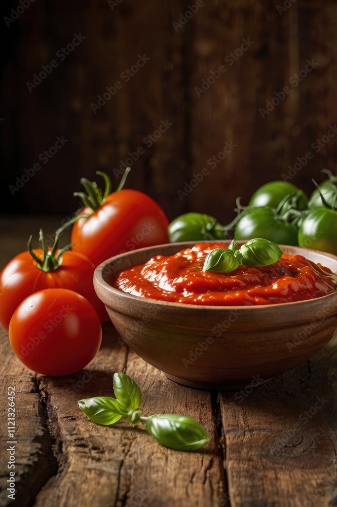 Bowl of fresh tomato sauce on wooden background, close up Bowl of fresh tomato sauce on wooden background, close up