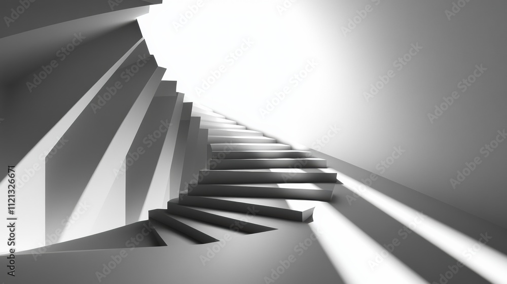 Modern staircase spiraling upward with straight lines and sharp angles, casting shadows Modern staircase spiraling upward with straight lines and sharp angles, casting shadows
