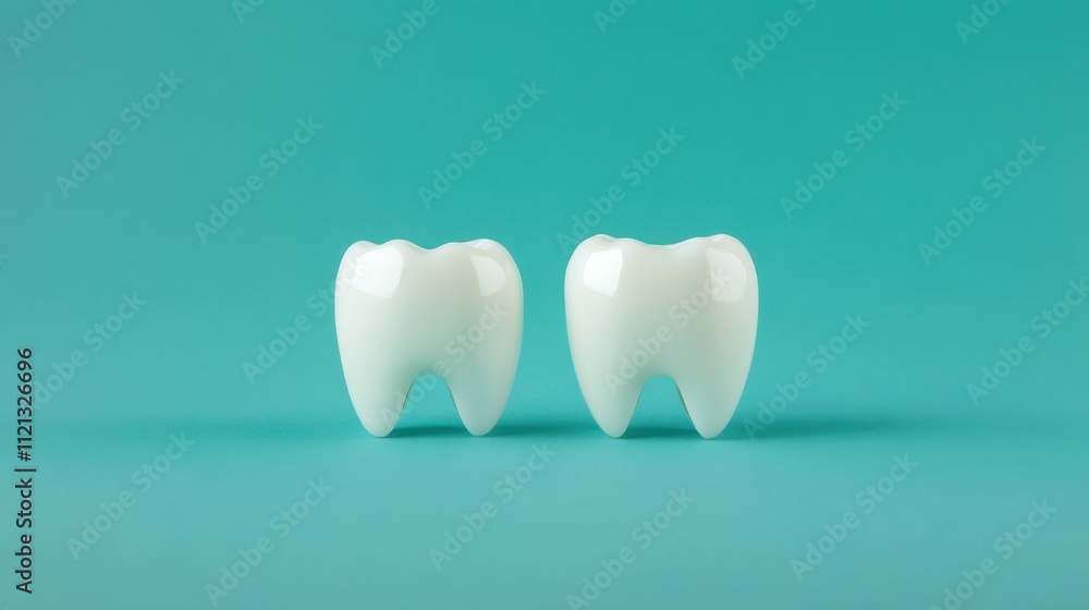 A pair of pristine, white teeth positioned side by side against a calming teal backdrop, representing oral health and cleanliness A pair of pristine, white teeth positioned side by side against a calming teal backdrop, representing oral health and cleanliness