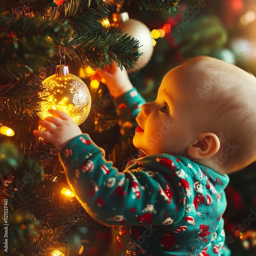 Heartwarming Holiday Moment Baby Boy with Christmas Ornament - Perfect for Christmas, Hanukkah, and Thanksgiving photo