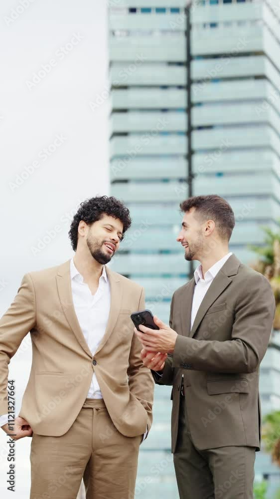 Businessmen discussing project using smartphone Businessmen discussing project using smartphone