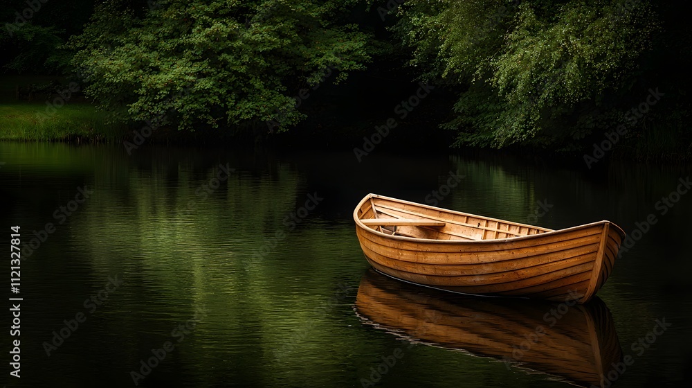 Serene Scene of a Beautiful Rowboat Floating on a Peaceful Lake Surrounded by Lush Greenery. River, Water Reflection, Nostalgic Feel, Cute Concept Serene Scene of a Beautiful Rowboat Floating on a Peaceful Lake Surrounded by Lush Greenery. River, Water Reflection, Nostalgic Feel, Cute Concept