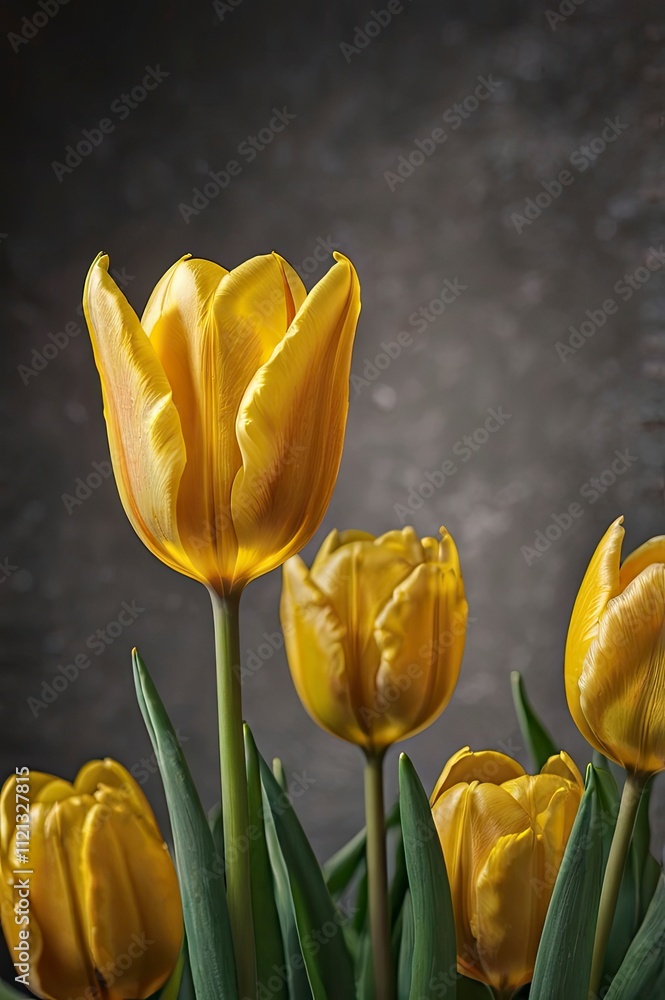Obraz premium Close-up of a bright fresh yellow tulip in shallow depth of field. Bouquet of spring yellow tulips close-up