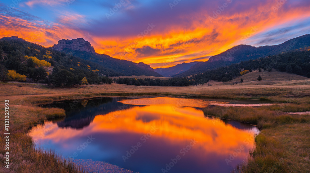 Obraz premium Mountain Lake Sunset: A breathtaking landscape of vibrant colors paints the sky as the sun dips below the horizon, casting a fiery reflection on a tranquil mountain lake.