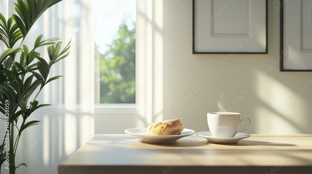 Enjoying morning coffee and pastry in a bright modern kitchen cozy atmosphere natural light Enjoying morning coffee and pastry in a bright modern kitchen cozy atmosphere natural light
