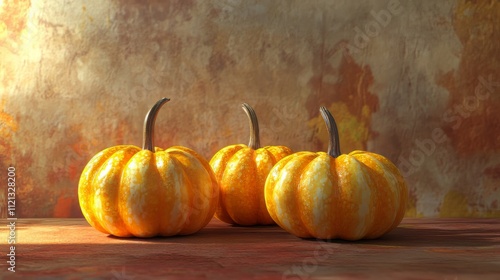 3d still life of pumpkins on brown background. thanksgiving. Ultra realistic. Photorealistic hypermaximalist advertising photography hyper realistic fine detail