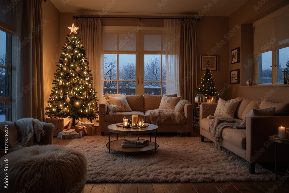 Obraz premium Cozy living room decorated for christmas with lit tree and ambient lighting
