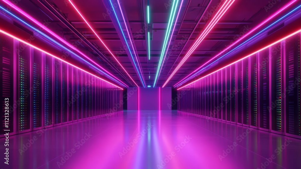 A brightly lit server room with rows of sleek, modern servers, blue and green LED lights flickering on the racks, cables neatly organized and running across the floor A brightly lit server room with rows of sleek, modern servers, blue and green LED lights flickering on the racks, cables neatly organized and running across the floor