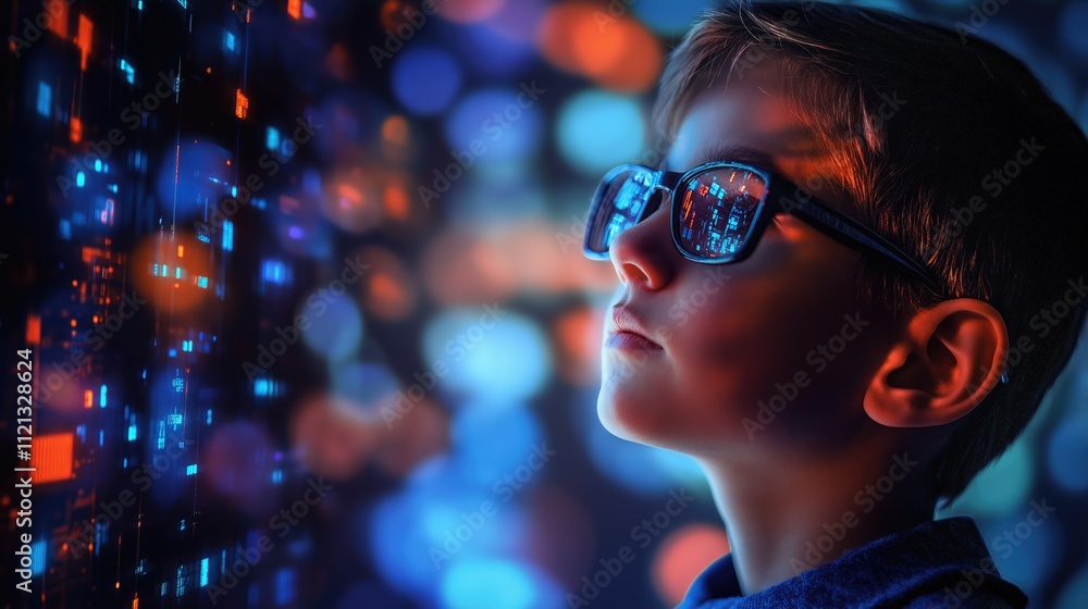 Intrigued child observes a vibrant digital world, showcasing the fusion of creativity and innovation during a captivating experience Intrigued child observes a vibrant digital world, showcasing the fusion of creativity and innovation during a captivating experience