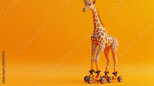 A giraffe wearing roller skates, against an orange background. photo