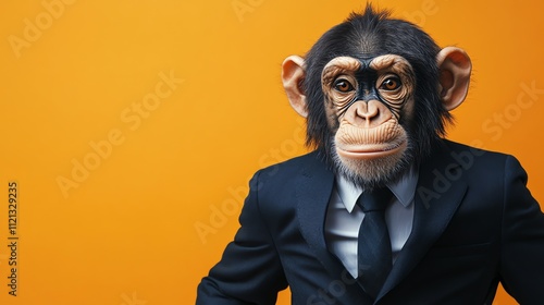 A chimpanzee wearing a business suit looks at the camera. photo