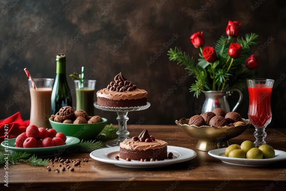 Elegant dessert spread with chocolate cakes, fresh fruit, and juices on a rustic table setting Elegant dessert spread with chocolate cakes, fresh fruit, and juices on a rustic table setting
