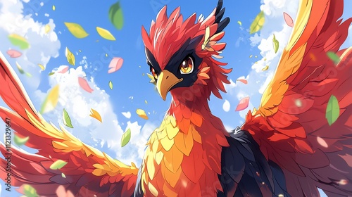 Fiery phoenix bird with outstretched wings soaring in a bright sky filled with falling leaves and petals. photo