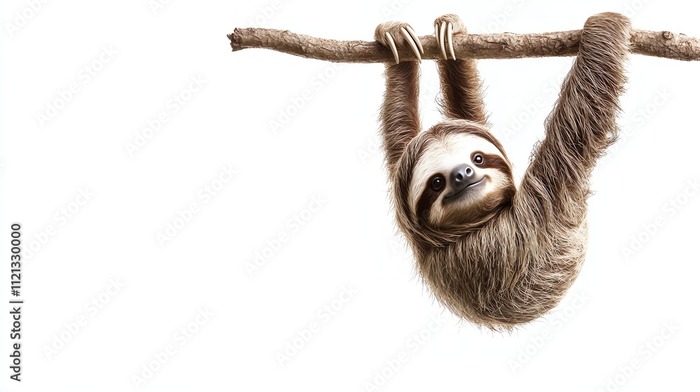 A brown sloth hangs from a branch upside down and looks at the camera. A brown sloth hangs from a branch upside down and looks at the camera.