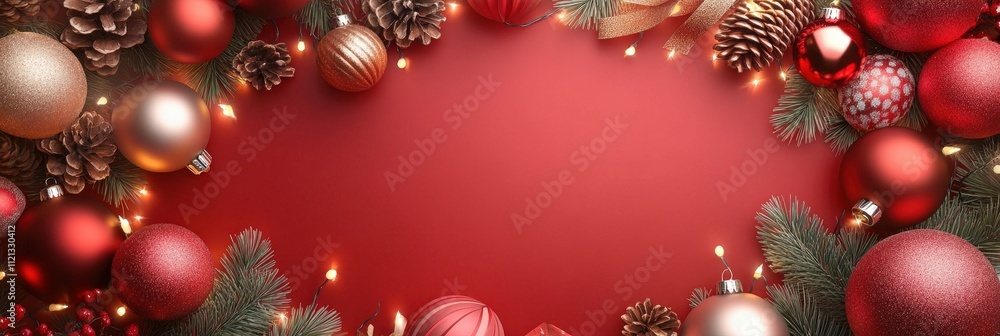 Vibrant Red Christmas Background with Ornaments, Pine Cones, and Lights for Festive Holiday Decorations and Designs Vibrant Red Christmas Background with Ornaments, Pine Cones, and Lights for Festive Holiday Decorations and Designs