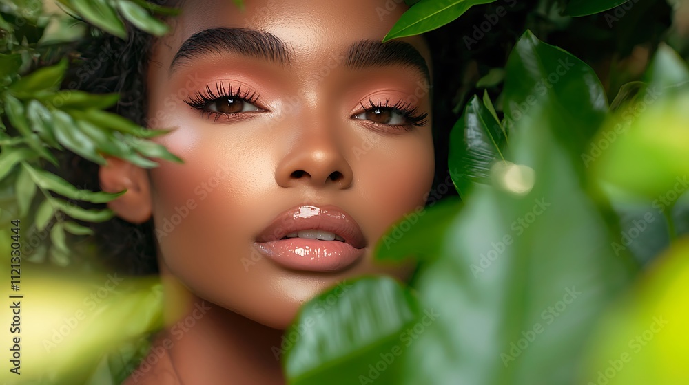 A woman with long lashes and a bright red lip is surrounded by green leaves A woman with long lashes and a bright red lip is surrounded by green leaves