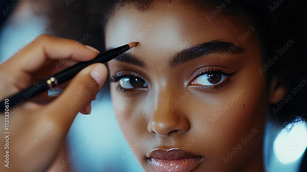 A woman with a black eyebrow pencil is being applied to her eyebrows by a man A woman with a black eyebrow pencil is being applied to her eyebrows by a man