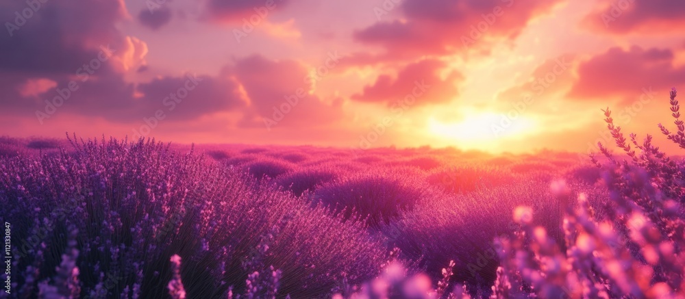 Fototapeta premium A field of purple lavender flowers bathed in the warm glow of a setting sun, with soft clouds in the sky.