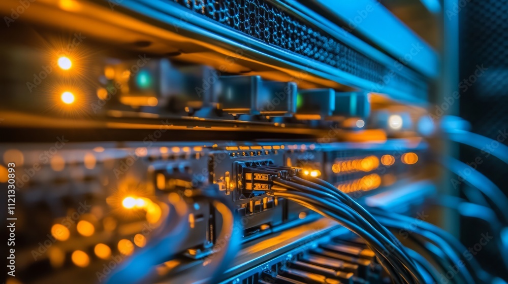 A close-up of a fiber optic cable connection in a server room, the cables glowing faintly with transmitted data, the lights of the servers flickering in the background A close-up of a fiber optic cable connection in a server room, the cables glowing faintly with transmitted data, the lights of the servers flickering in the background