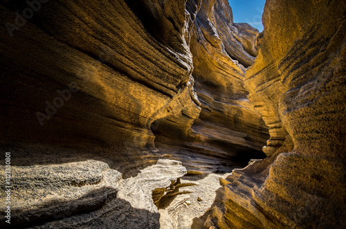 Geological rock formations in canyons around Montana Blanca, Lanzarote, Spain photo