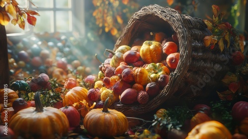 Beautiful autumn themed cornucopia overflowing with pumpkins and other fall fruits on the table, thanksgiving cornucopia, fall harvest display, autumn fruits. thanksgiving.  photo