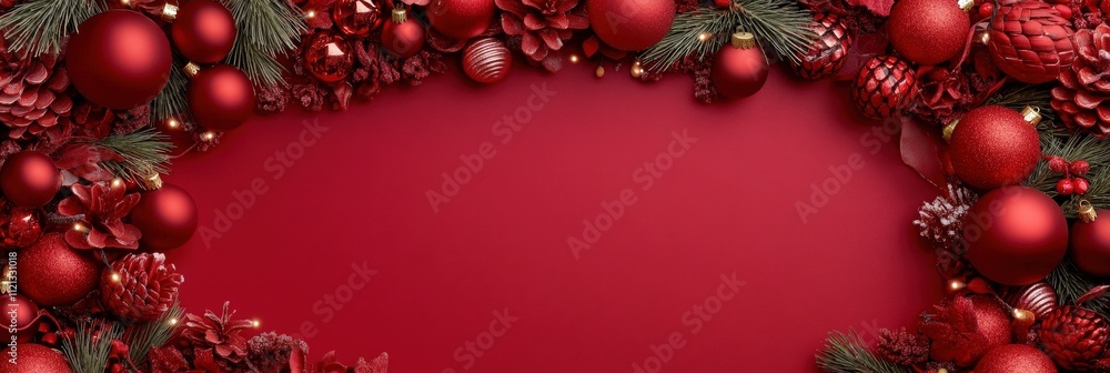 Vibrant Red Christmas Background with Ornaments and Pine Cones for Festive Holiday Decorations and Designs Vibrant Red Christmas Background with Ornaments and Pine Cones for Festive Holiday Decorations and Designs