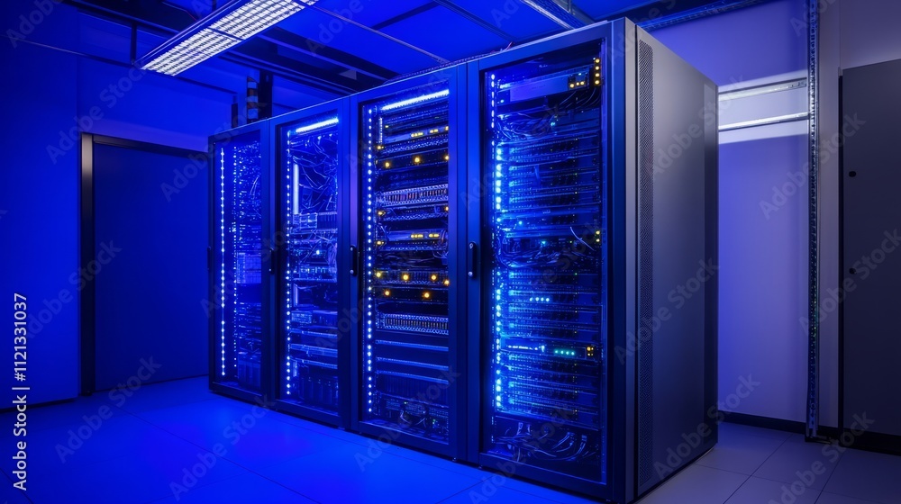A brightly lit server room with rows of sleek, modern servers, blue and green LED lights flickering on the racks, cables neatly organized and running across the floor A brightly lit server room with rows of sleek, modern servers, blue and green LED lights flickering on the racks, cables neatly organized and running across the floor